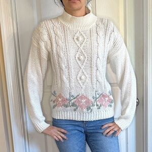 knitted by hand kawaii sweater white rosebud detail mock neck size medium